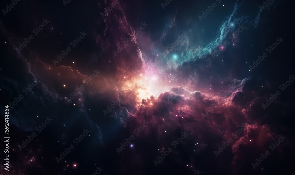  a very colorful space filled with stars and clouds in the night sky with a bright light coming from the center of the image and a bright star in the center of the center of the space.  generative ai