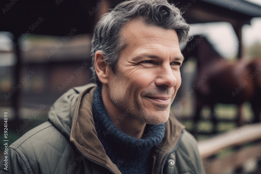portrait of handsome middle aged man smiling and looking away in stable portrait of handsome middle aged man smiling and looking away in stable