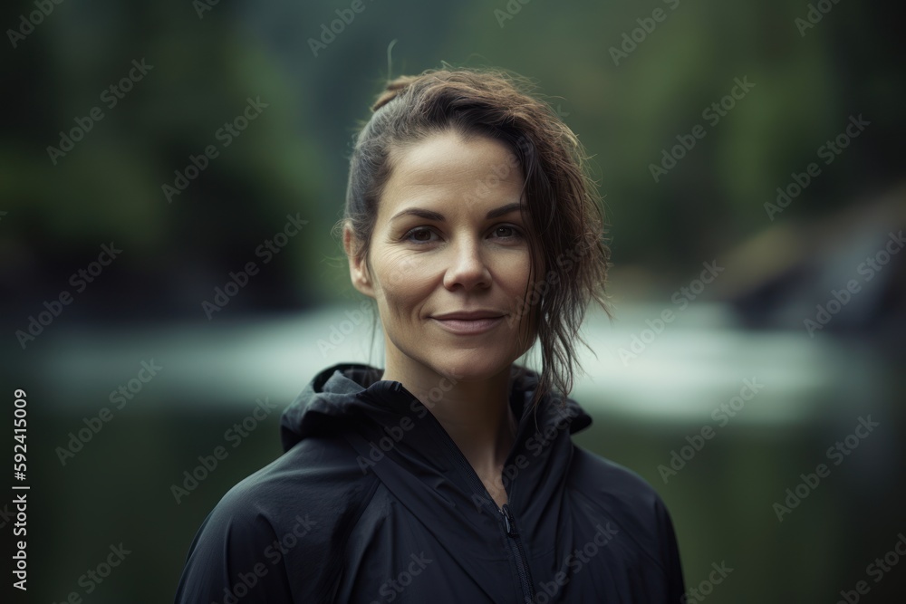 Portrait of a beautiful woman on the background of a mountain river Portrait of a beautiful woman on the background of a mountain river