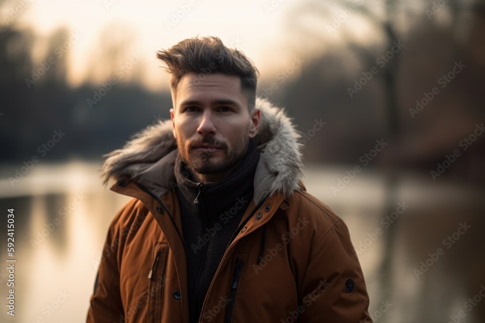 Handsome young man with a beard in a brown jacket on the background of a lake Handsome young man with a beard in a brown jacket on the background of a lake