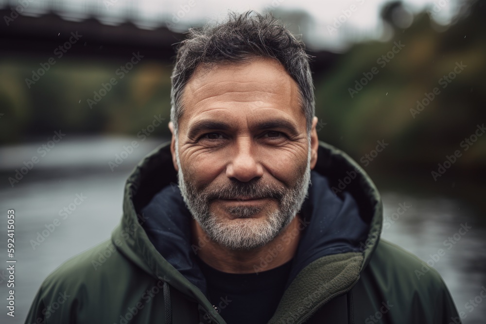 Close-up portrait photography of a pleased man in his 40s wearing a stylish hoodie against a peaceful river or stream background. Generative AI Close-up portrait photography of a pleased man in his 40s wearing a stylish hoodie against a peaceful river or stream background. Generative AI