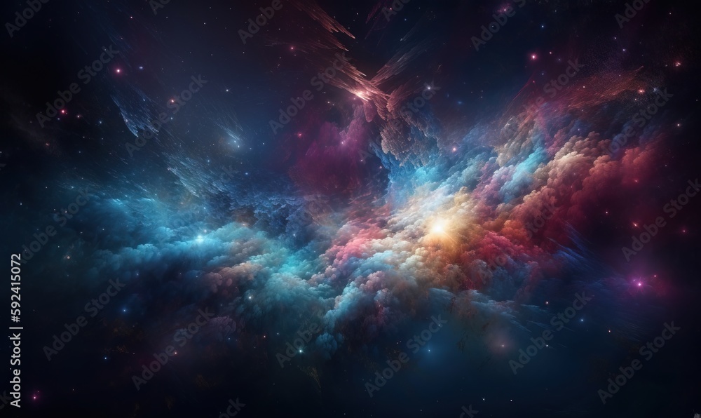 Obraz premium a very colorful space filled with stars and clouds in the night sky with stars in the sky and in the background, a bright blue and red cloud filled with white. generative ai