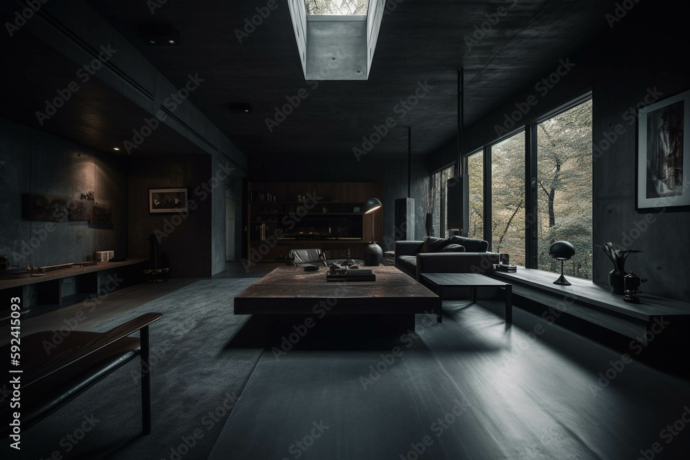 Minimalist Living room. Dark black color palette. Centered perspective. Interior Design