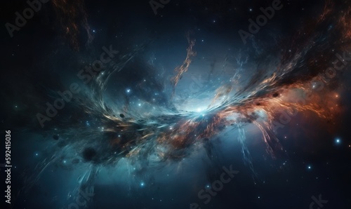  a very large star in the middle of a space filled with lots of stars and a black hole in the middle of the space with a blue background. generative ai