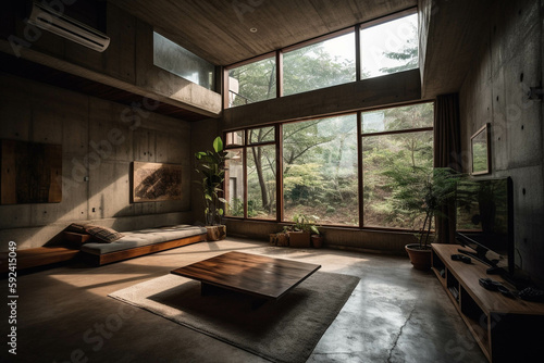 Minimalist Living room. RUSTIC style. Centered perspective. Interior Design © MadSwordfish
