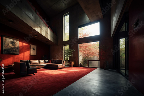 Minimalist Living room. Dark red color palette. Centered perspective. Interior Design © MadSwordfish