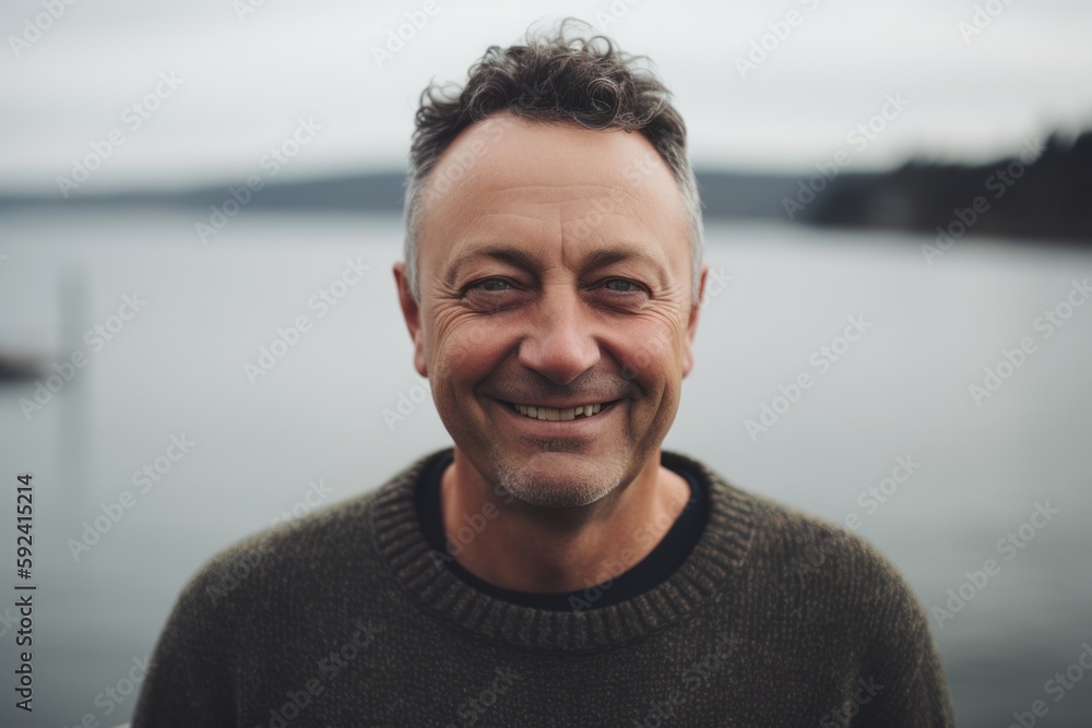 Portrait of a smiling middle-aged man on a background of a lake Portrait of a smiling middle-aged man on a background of a lake