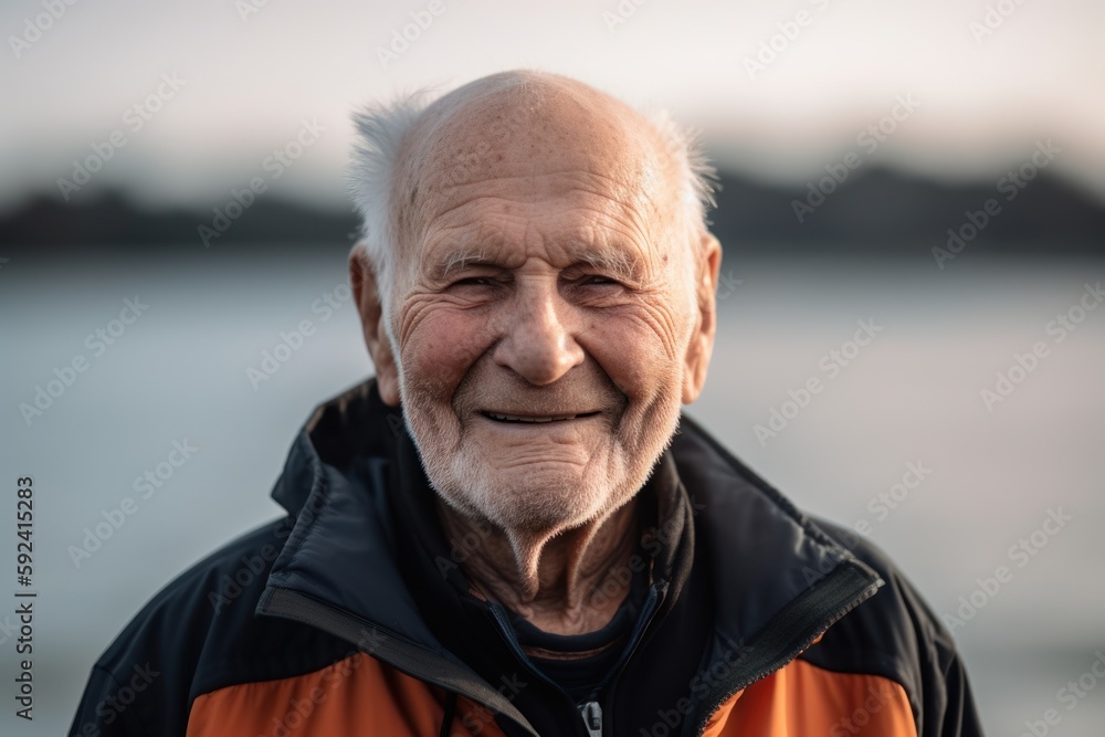 Portrait of an elderly man on the beach at sunset. Selective focus.