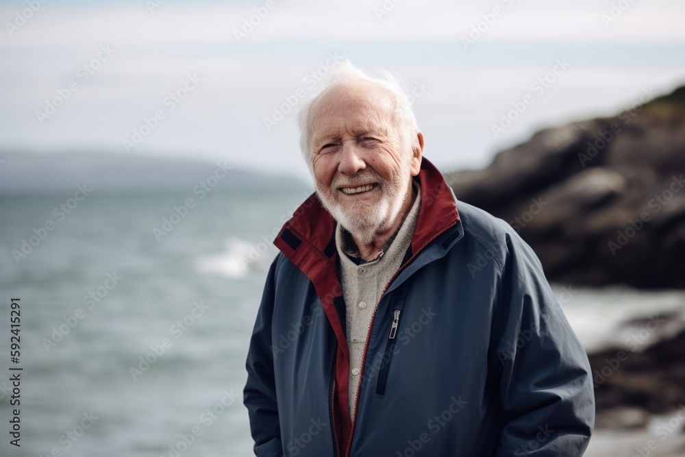 Portrait of a smiling senior man standing on the beach in autumn