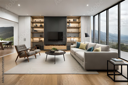 Interior design of a modern  stylish  serene  and calming living room that incorporates soft lighting  muted colors  and minimalist decor   Generative AI