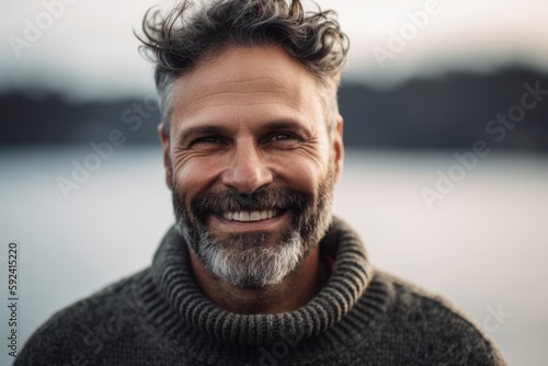 Portrait of a handsome middle-aged man in a sweater smiling and looking at the camera outdoors