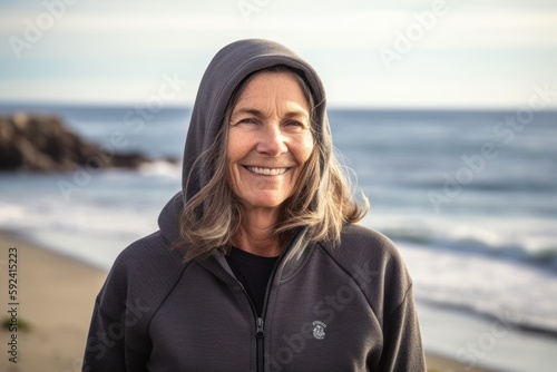 Portrait of smiling senior woman wearing hoodie at beach during sunny day © Robert MEYNER