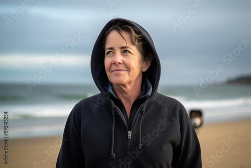 Pet portrait photography of a satisfied woman in her 50s wearing a stylish hoodie against a water or ocean background. Generative AI