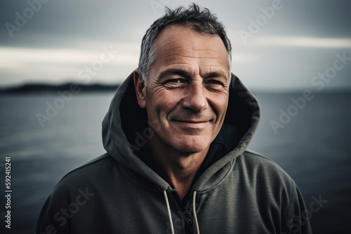 Portrait of a smiling senior man standing by the sea wearing hoodie