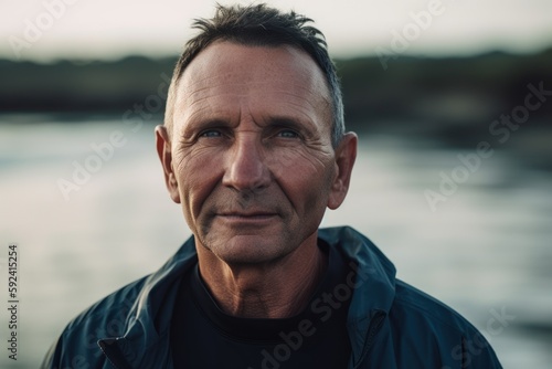 Headshot portrait photography of a pleased man in his 50s wearing a comfortable tracksuit against a water or ocean background. Generative AI