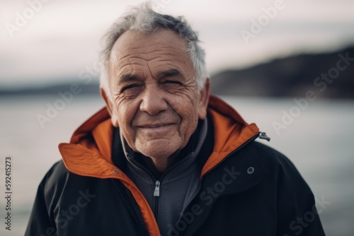 Portrait of an elderly man in a jacket on the beach. © Robert MEYNER