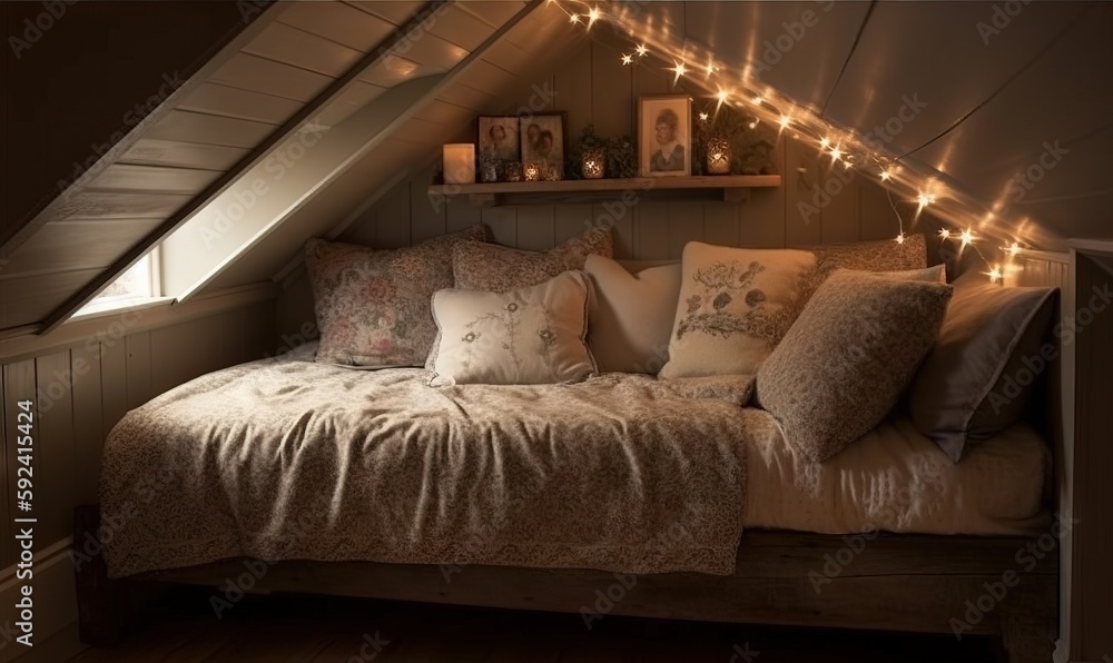 Bed with top loads of pillows
