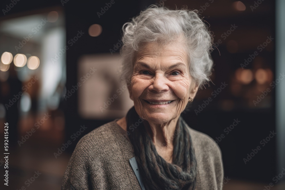 Portrait of smiling senior woman looking at camera at home in the corridor Portrait of smiling senior woman looking at camera at home in the corridor