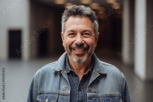 portrait of smiling middle aged man in denim jacket looking at camera
