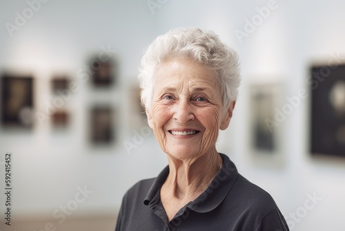 Portrait of smiling senior woman looking at camera in art gallery.