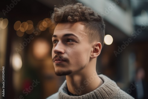 Portrait of handsome young man with curly hair in the city.
