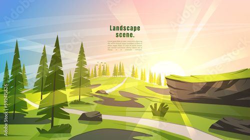 Vector illustration. Forest trees by hills. Meadow landscape. Graphic modern ecology wallpaper. Colorful abstract art. Minimalist style. Design element for web banner, website template. Countryside
