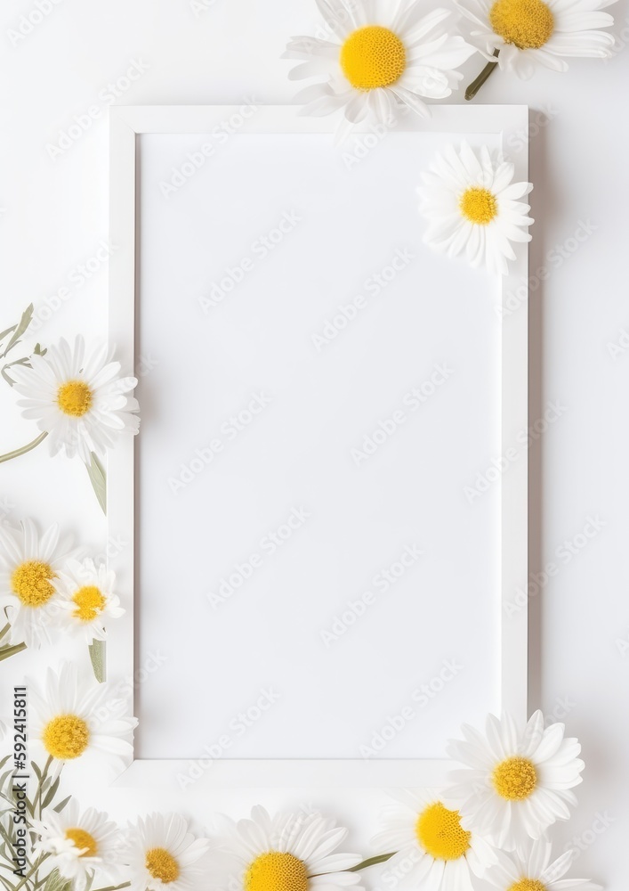 Obraz premium wedding, birthday mock-up scene. Blank paper greeting card. Floral frame. Gen AI