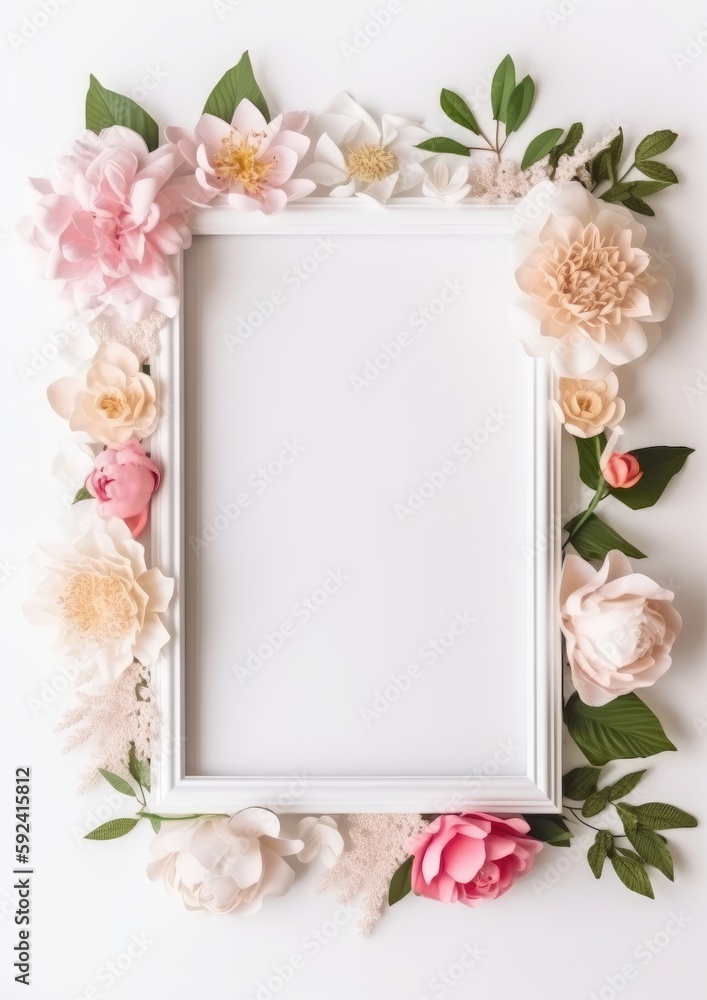wedding, birthday mock-up scene. Blank paper greeting card. Floral frame. Gen AI wedding, birthday mock-up scene. Blank paper greeting card. Floral frame. Gen AI
