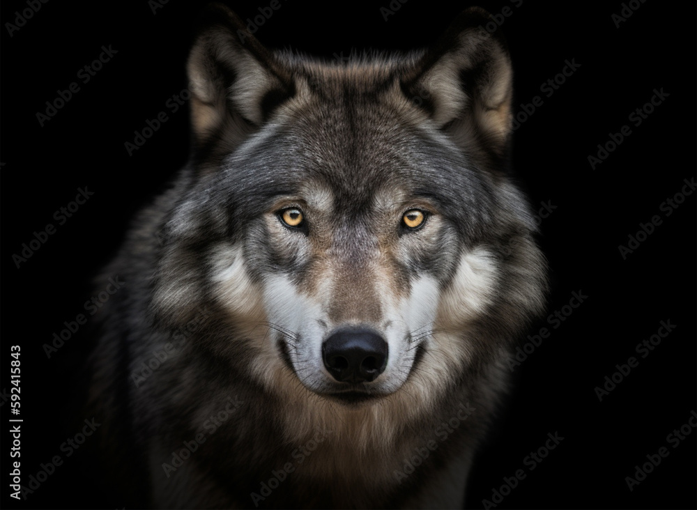 Detailed portrait of a wolf's face, against a dark background, generative ai Detailed portrait of a wolf's face, against a dark background, generative ai