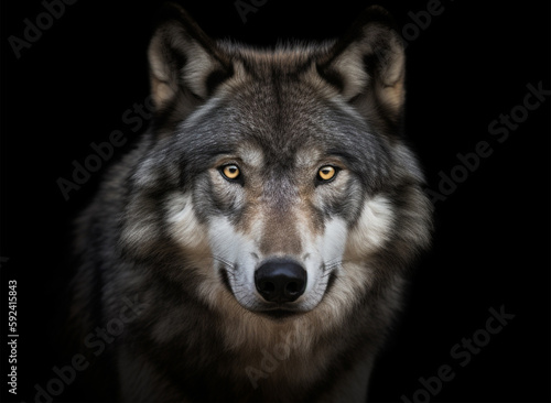 Detailed portrait of a wolf s face  against a dark background  generative ai