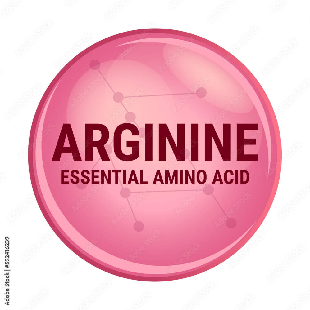 Vector icon of arginine. Essential amino acid with the abbreviation Arg. Red molecule isolated on a white background. R amino acid used in the biosynthesis of proteins. Food and nutrition concept. Vector icon of arginine. Essential amino acid with the abbreviation Arg. Red molecule isolated on a white background. R amino acid used in the biosynthesis of proteins. Food and nutrition concept.