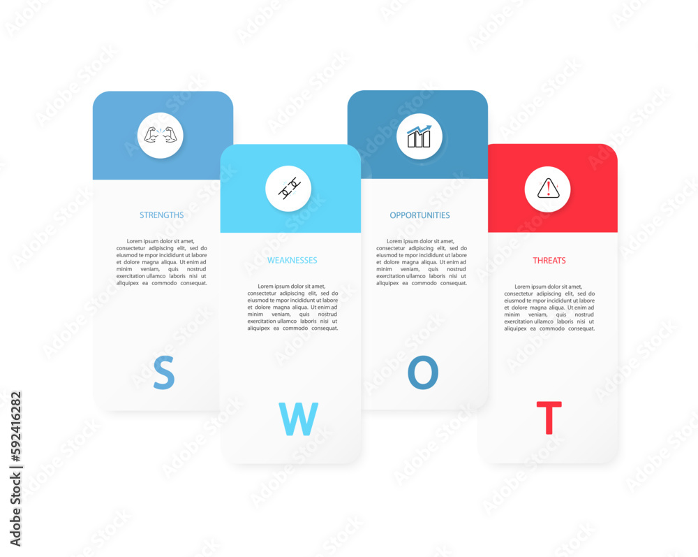 Swot infographic analysis template. strength,weakness,opportunities,threats.Background with icon and Four colorful elements. Vector illustration