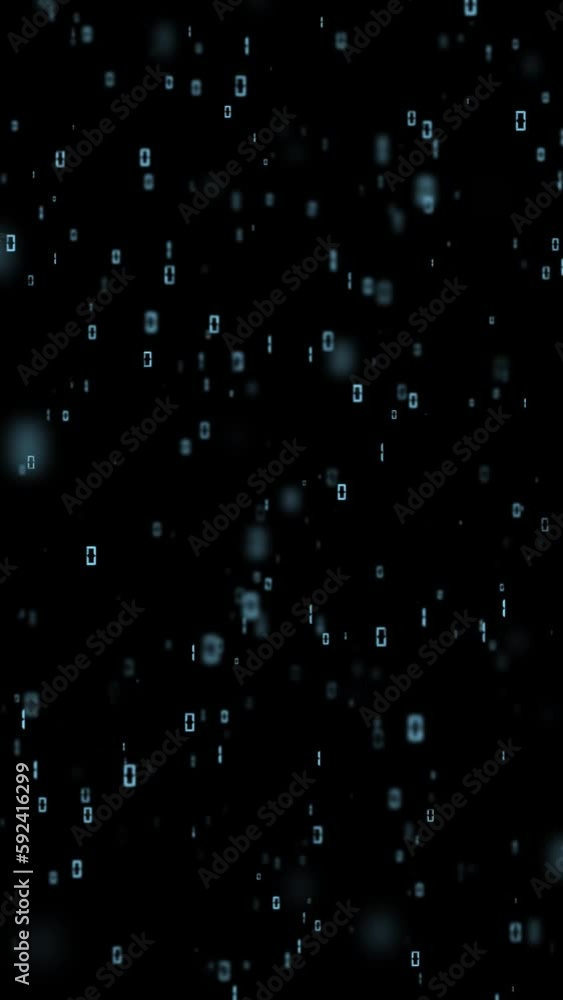 Binary numbers flying loop motion on clean black vertical background. Copy space. Binary numbers flying loop motion on clean black vertical background. Copy space.