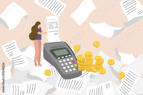 A poor woman has little money to pay for expenses, flat design of money management vector, flat design of a woman with many shopping list vector, woman make payment for many bills.