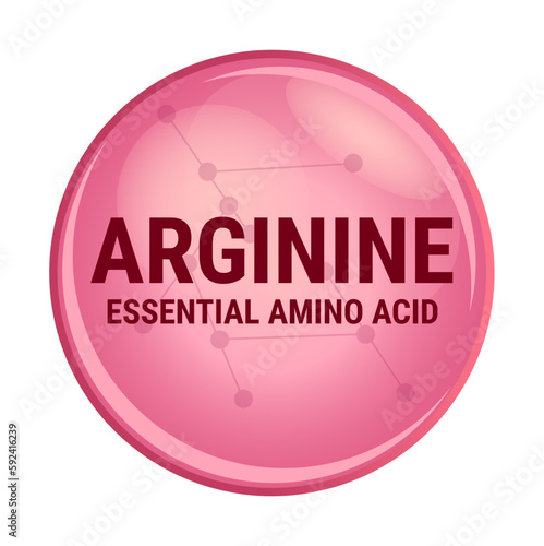 Vector icon of arginine. Essential amino acid with the abbreviation Arg. Red molecule isolated on a white background. R amino acid used in the biosynthesis of proteins. Food and nutrition concept.