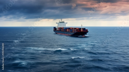 container cargo ship at open sea, Global Maritime Commerce: A Look into the Container Shipping Industry, calm relaxing ocean, nice sunny cloud weather 