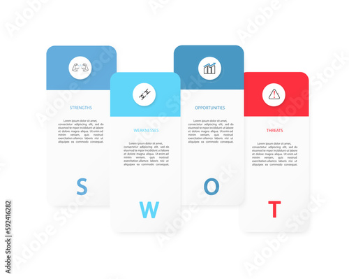 Swot infographic analysis template. strength,weakness,opportunities,threats.Background with icon and Four colorful elements. Vector illustration
