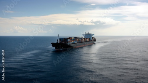 container cargo ship at open sea, Global Maritime Commerce: A Look into the Container Shipping Industry, calm relaxing ocean, nice sunny weather 