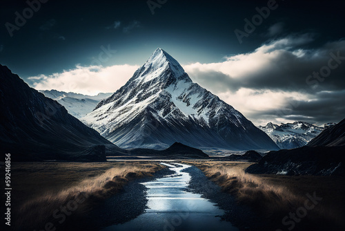 Small river with beautiful mountain in the background, Generative AI 