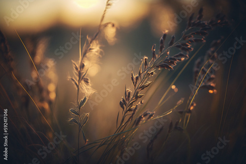 Close-up of wild grass during a sunset  Generative AI  