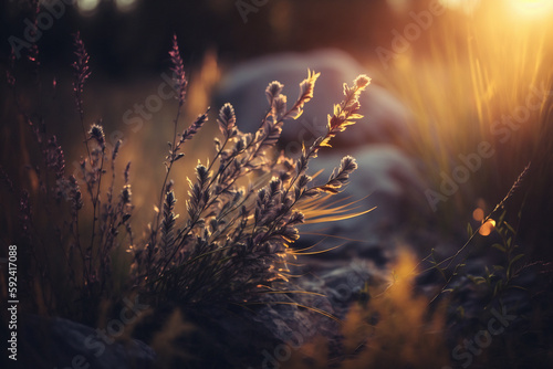 Close-up of wild grass during a sunset  Generative AI  