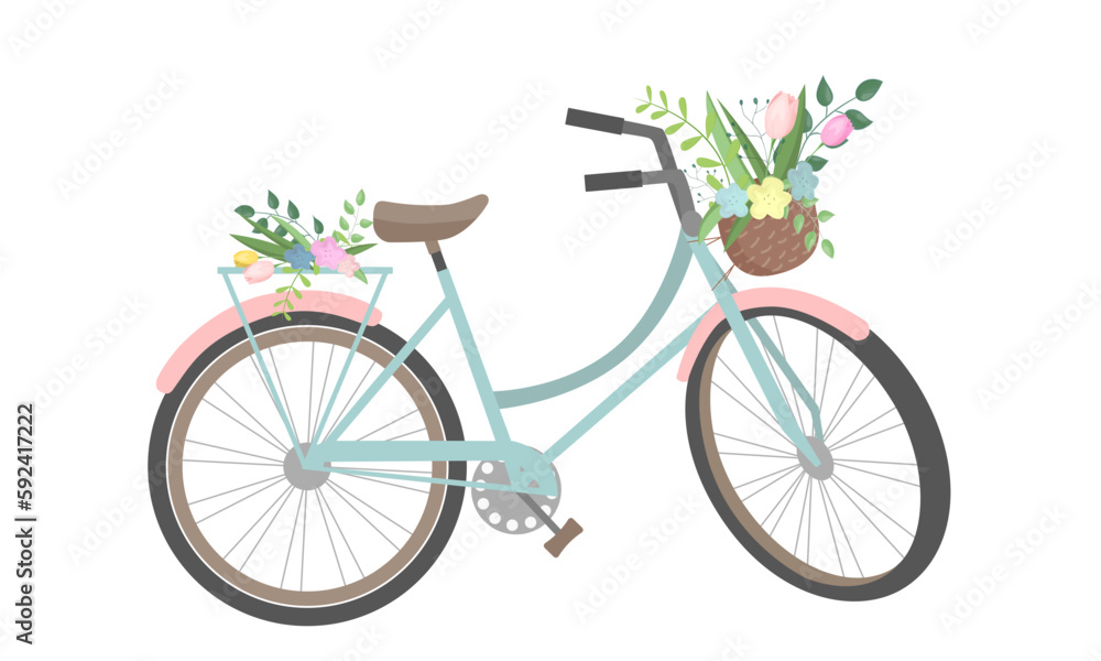 Cute bicycle with colorful flowers and basket. Isolated on white background. Retro bike, basket with flowers and plants. Vector illustration