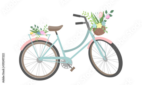 Fototapeta Naklejka Na Ścianę i Meble -  Cute bicycle with colorful flowers and basket. Isolated on white background. Retro bike, basket with flowers and plants. Vector illustration