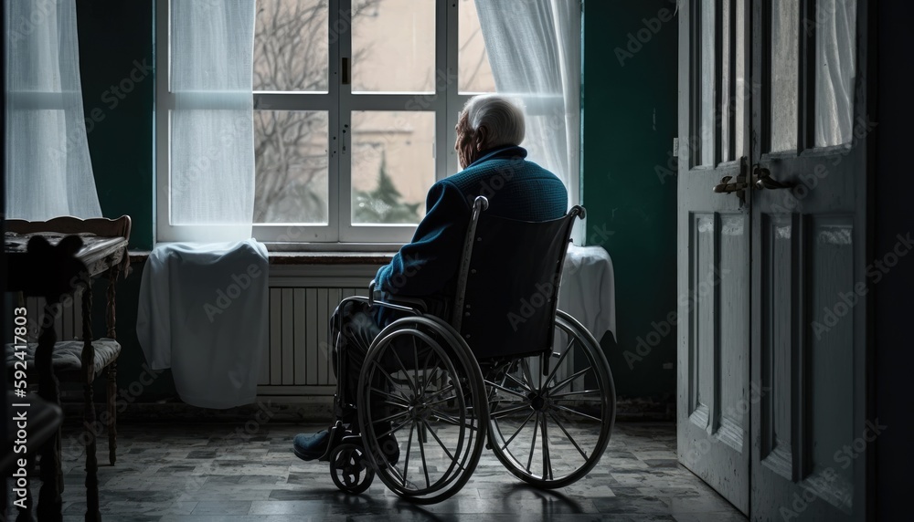 A lonely old man sits in a wheelchair and looks out the window. Loneliness and old age. lonely elder thoughtful sad old man look outside windows in bedroom at retirement home. Generative AI A lonely old man sits in a wheelchair and looks out the window. Loneliness and old age. lonely elder thoughtful sad old man look outside windows in bedroom at retirement home. Generative AI