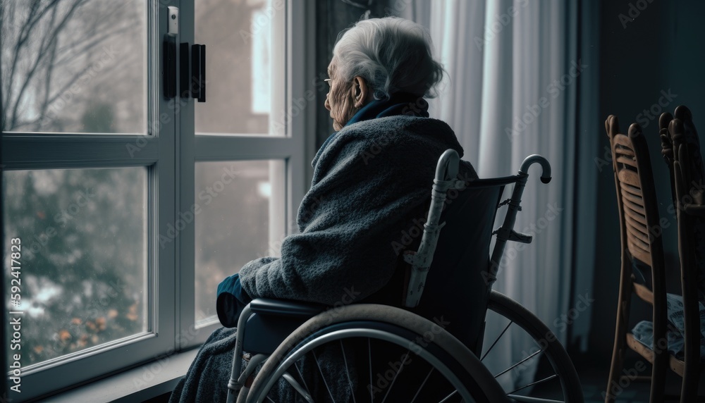 disabled senior grandma patient sit on wheelchair alone at home hospital look through window, thoughtful sad old woman feel depressed, retired people disability and loneliness concept. Generative AI disabled senior grandma patient sit on wheelchair alone at home hospital look through window, thoughtful sad old woman feel depressed, retired people disability and loneliness concept. Generative AI