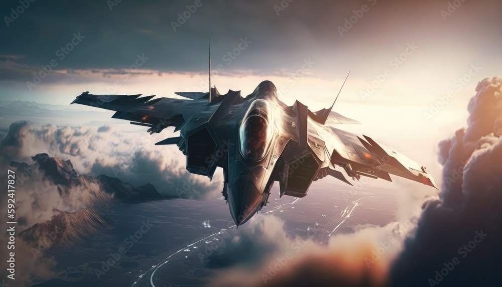 Pair of combat fighter jet on a military mission with weapons - rockets, bombs, weapons on wings flies high in the sky above the clouds. Warfare concept. Generative AI - obrazy, fototapety, plakaty 