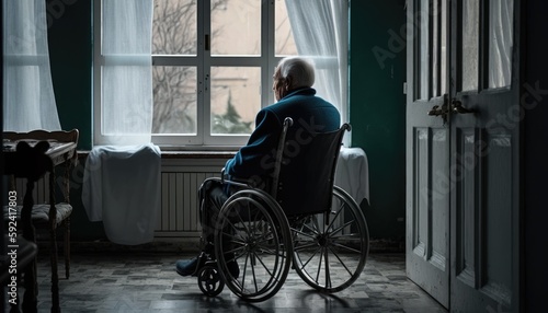 A lonely old man sits in a wheelchair and looks out the window. Loneliness and old age. lonely elder thoughtful sad old man look outside windows in bedroom at retirement home. Generative AI © useful pictures