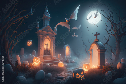 Halloween background with cemetery, ghost and jack-o-lantern pumpkins. Generative ai