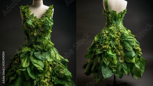Dress made of fresh green leafs and plants. Generative AI