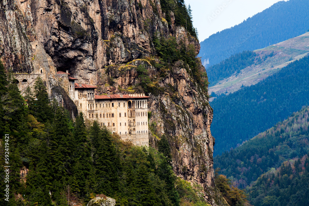 monastery in rock formation, Sumela Monastery Exterior View in Black Mountains
